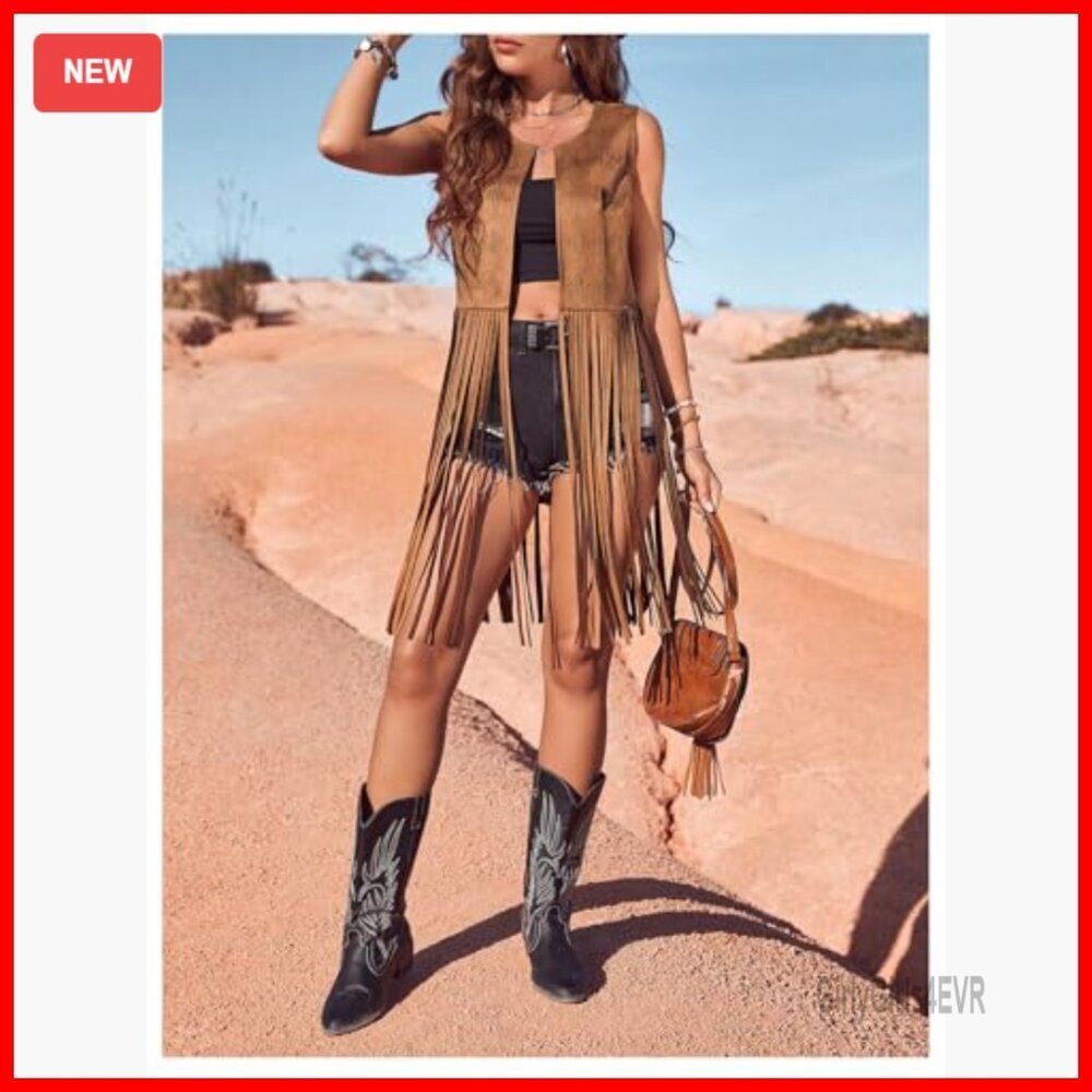Faux Suede Fringe Vest Sleeveless Western Chic Crop Tassel Jacket - Picture 2 of 7